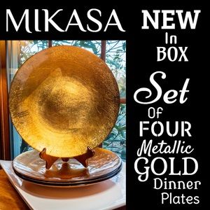 ⭐️HP⭐️NIB▪️MIKASA▪️Set 4 Metallic Gold Ceramic Dinner Plates
